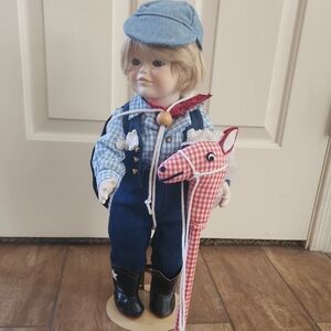 Boy Doll in Blue Outfit with Red Gingham Stick Horse
